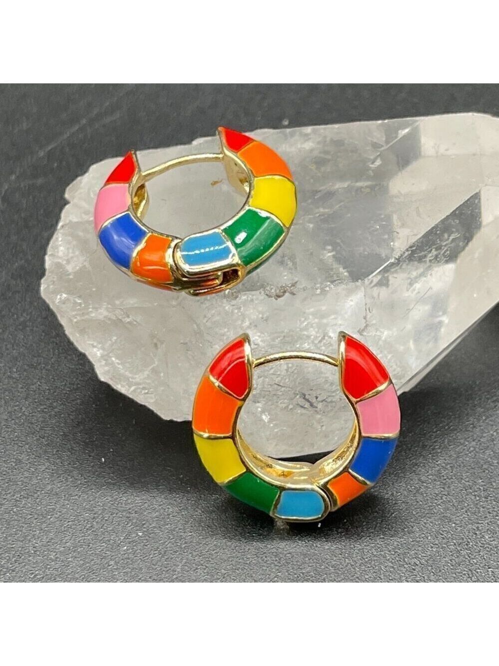 Rainbow Multi-color Enamel Huggie Earrings Medium Hoop #1343 - Picture 3 of 7